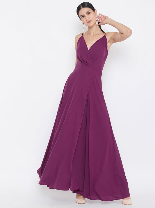 Folk Republic Women Solid Dark Purple V-Neck A-Line Maxi Dress - #folk republic#