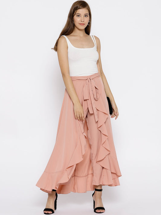 Folk Republic Women Solid Dusty Pink Waist Tie-Up Ruffled Maxi Skirt with Attached Trousers - #folk republic#