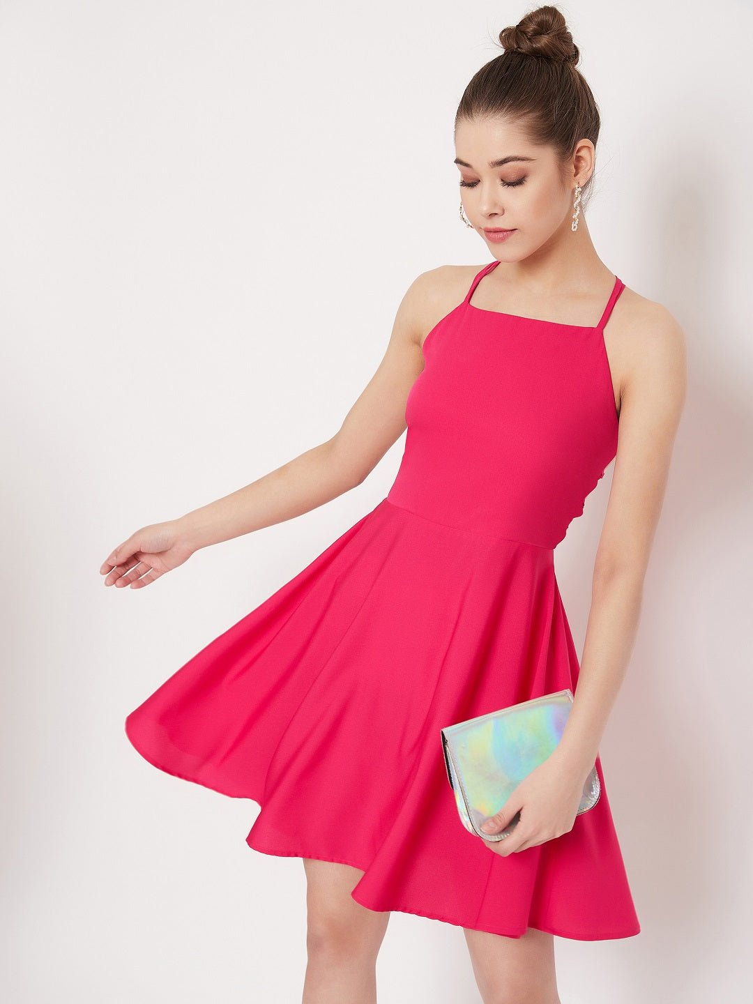Folk Republic Women Solid Fuschia Pink Caged Back Tie-up Fit & Flare Mini Dress - #folk republic#