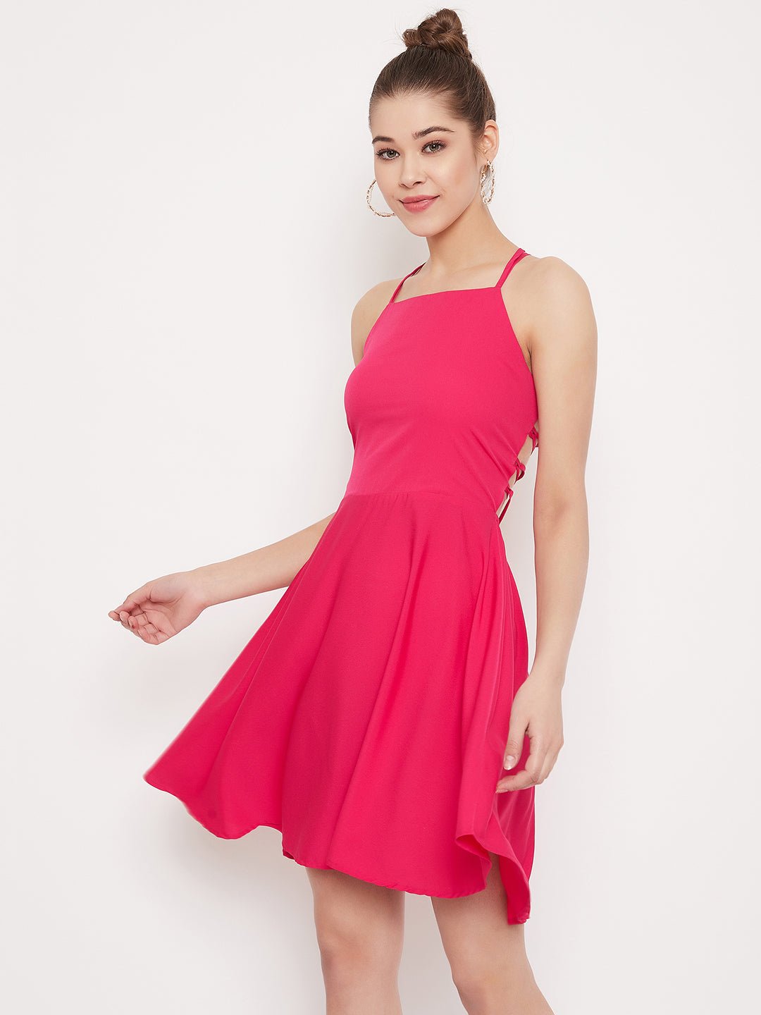 Folk Republic Women Solid Fuschia Pink Caged Back Tie-up Fit & Flare Mini Dress - #folk republic#