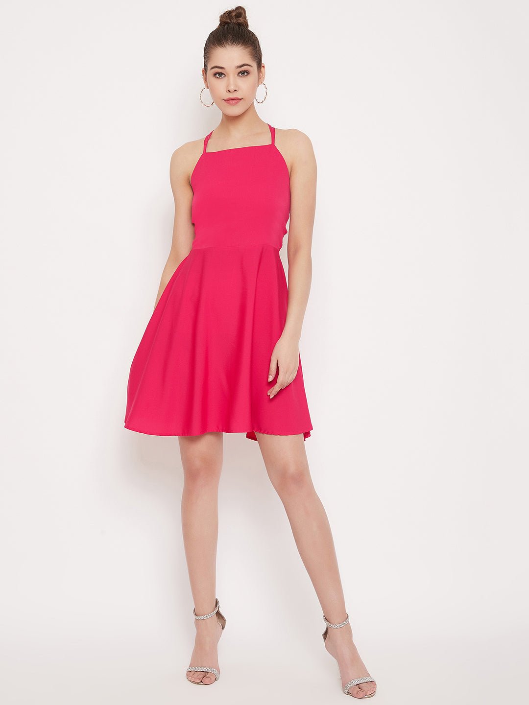 Folk Republic Women Solid Fuschia Pink Caged Back Tie-up Fit & Flare Mini Dress - #folk republic#