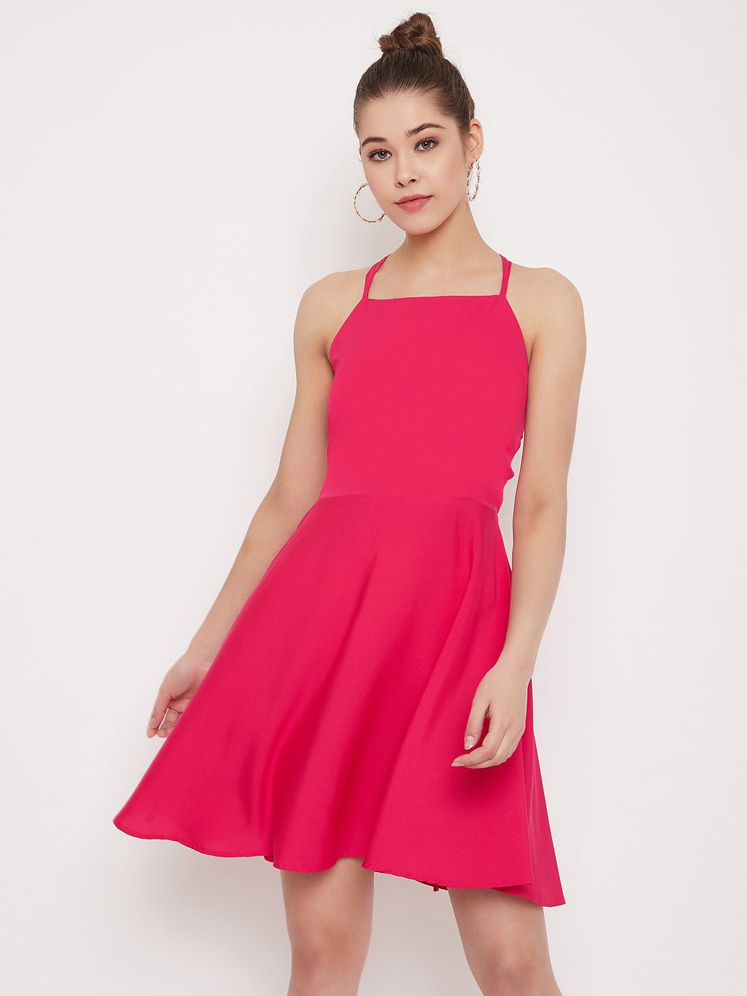 Folk Republic Women Solid Fuschia Pink Caged Back Tie-up Fit & Flare Mini Dress - #folk republic#