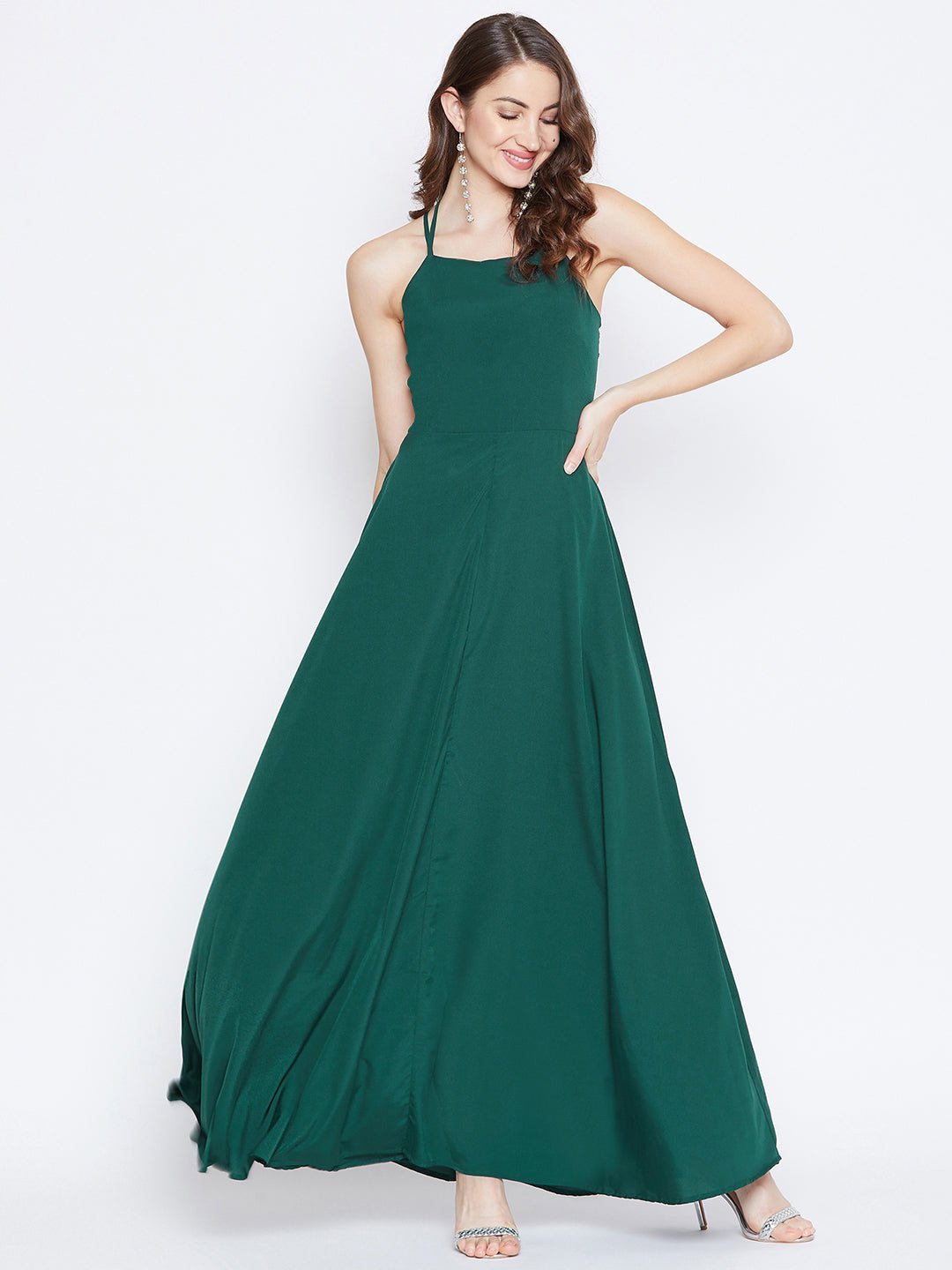 Folk Republic Women Solid Green Caged Back Halter Neck Maxi Dress - #folk republic#