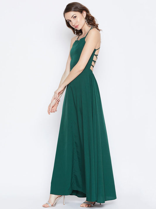 Folk Republic Women Solid Green Caged Back Halter Neck Maxi Dress - #folk republic#