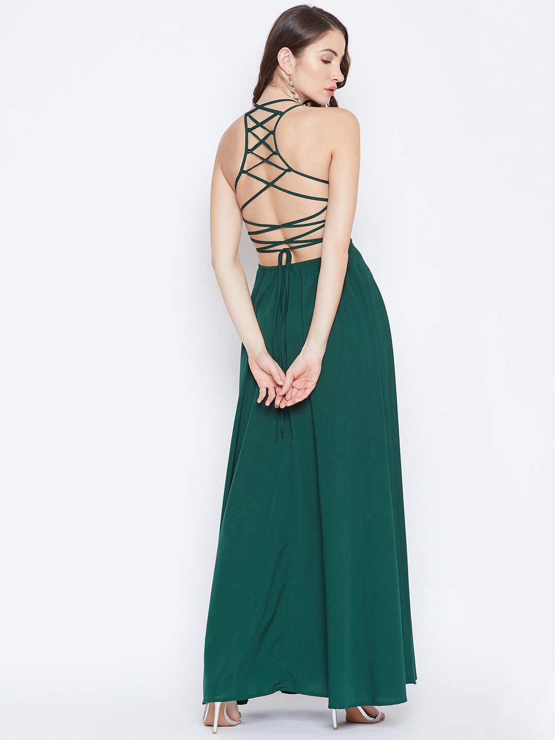 Folk Republic Women Solid Green Caged Back Halter Neck Maxi Dress - #folk republic#
