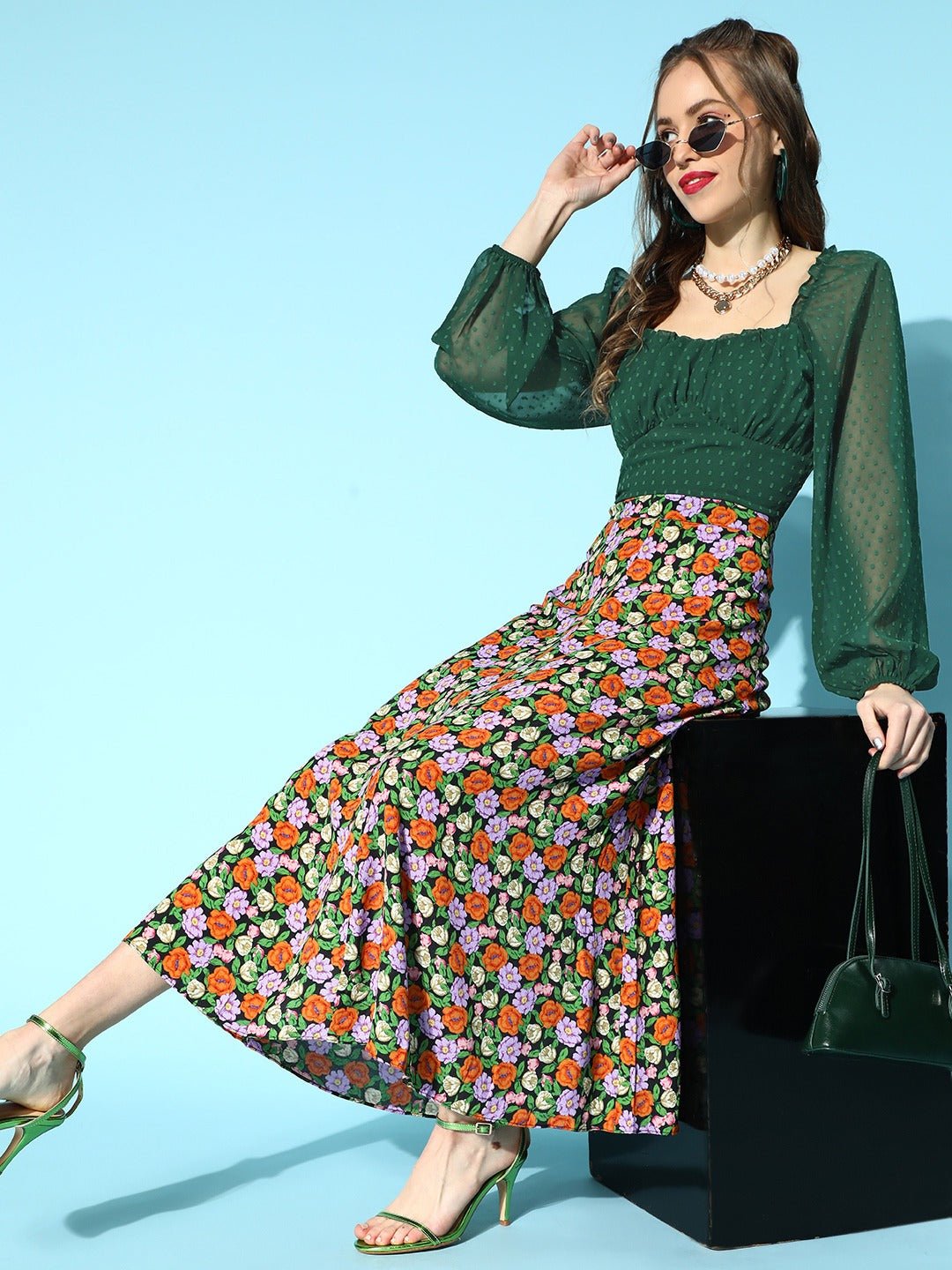 Folk Republic Women Solid Green Dobby Weave Sweetheart Neck Puff Sleeve Crepe Smocked Crop Top - #folk republic#