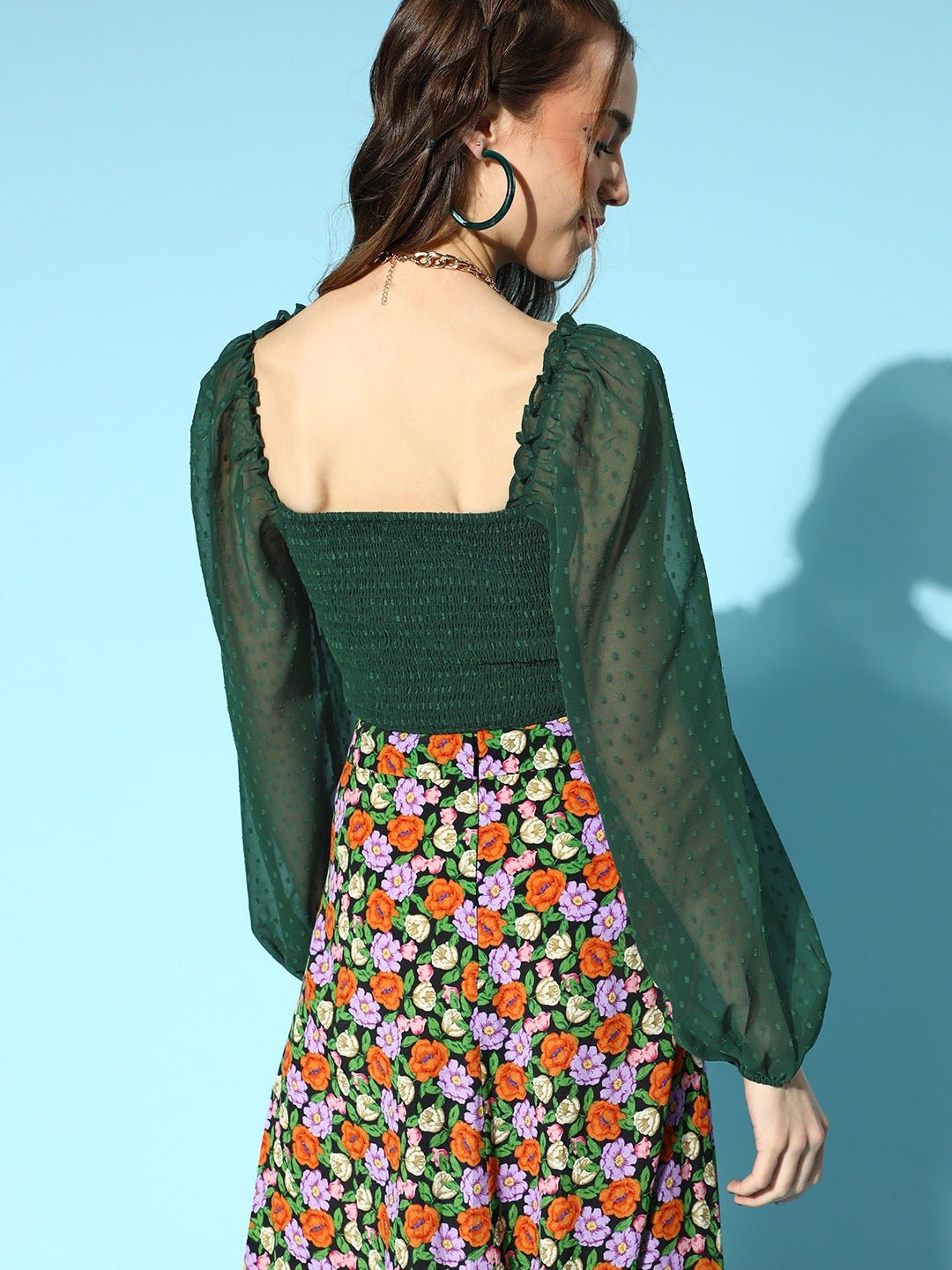 Folk Republic Women Solid Green Dobby Weave Sweetheart Neck Puff Sleeve Crepe Smocked Crop Top - #folk republic#