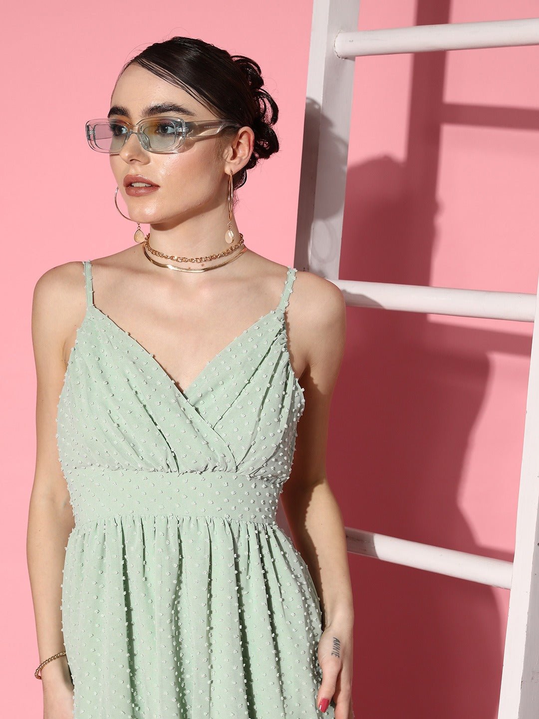 Folk Republic Women Solid Green Dobby Weave V-Neck Sleeveless Georgette Layered Fit & Flare Maxi Dress - #folk republic#