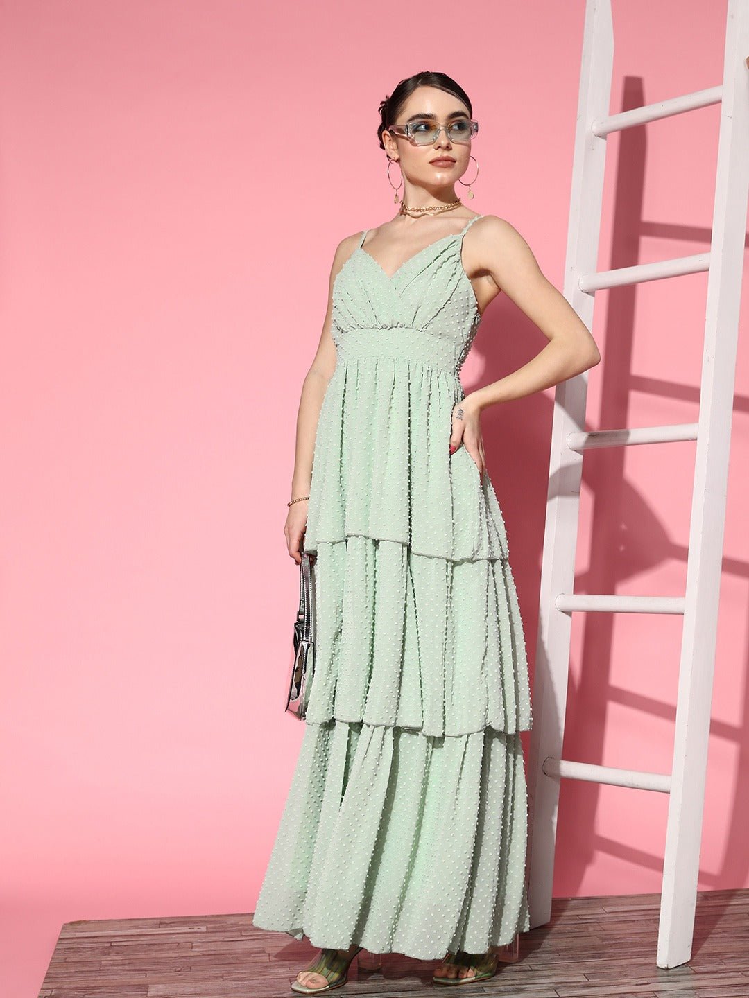 Folk Republic Women Solid Green Dobby Weave V-Neck Sleeveless Georgette Layered Fit & Flare Maxi Dress - #folk republic#