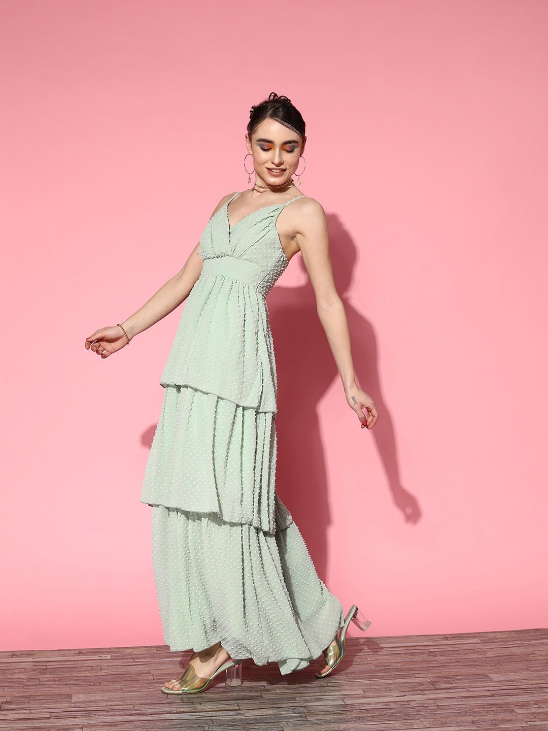 Folk Republic Women Solid Green Dobby Weave V-Neck Sleeveless Georgette Layered Fit & Flare Maxi Dress - #folk republic#