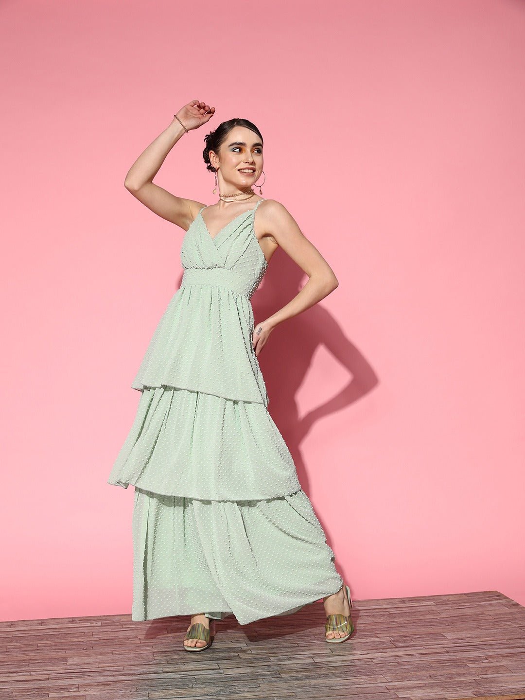Folk Republic Women Solid Green Dobby Weave V-Neck Sleeveless Georgette Layered Fit & Flare Maxi Dress - #folk republic#