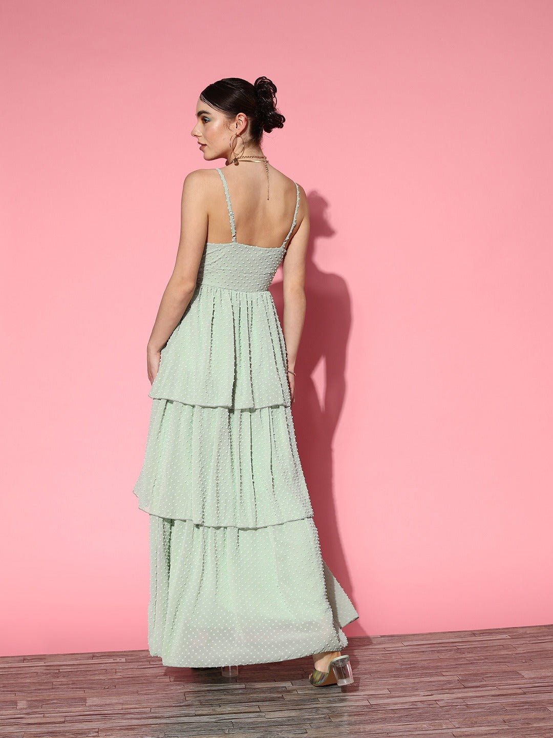 Folk Republic Women Solid Green Dobby Weave V-Neck Sleeveless Georgette Layered Fit & Flare Maxi Dress - #folk republic#