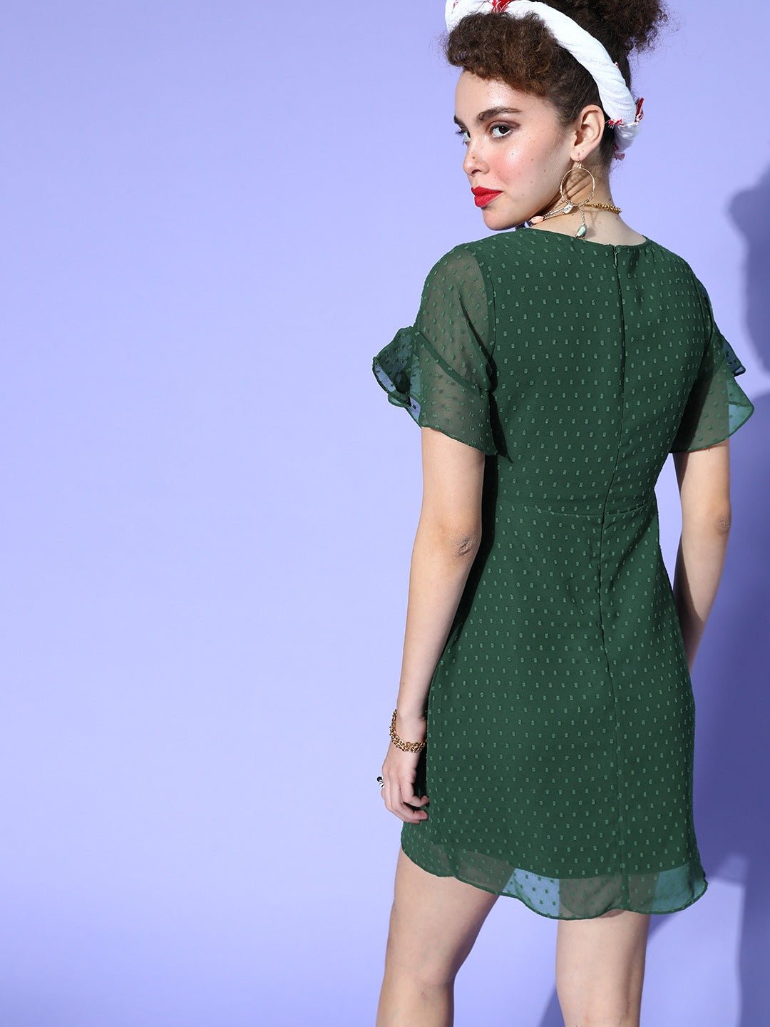 Folk Republic Women Solid Green Dobby Weave V-Neck Waist Tie-Up Tulip Hem Sheer Mini Dress - #folk republic#