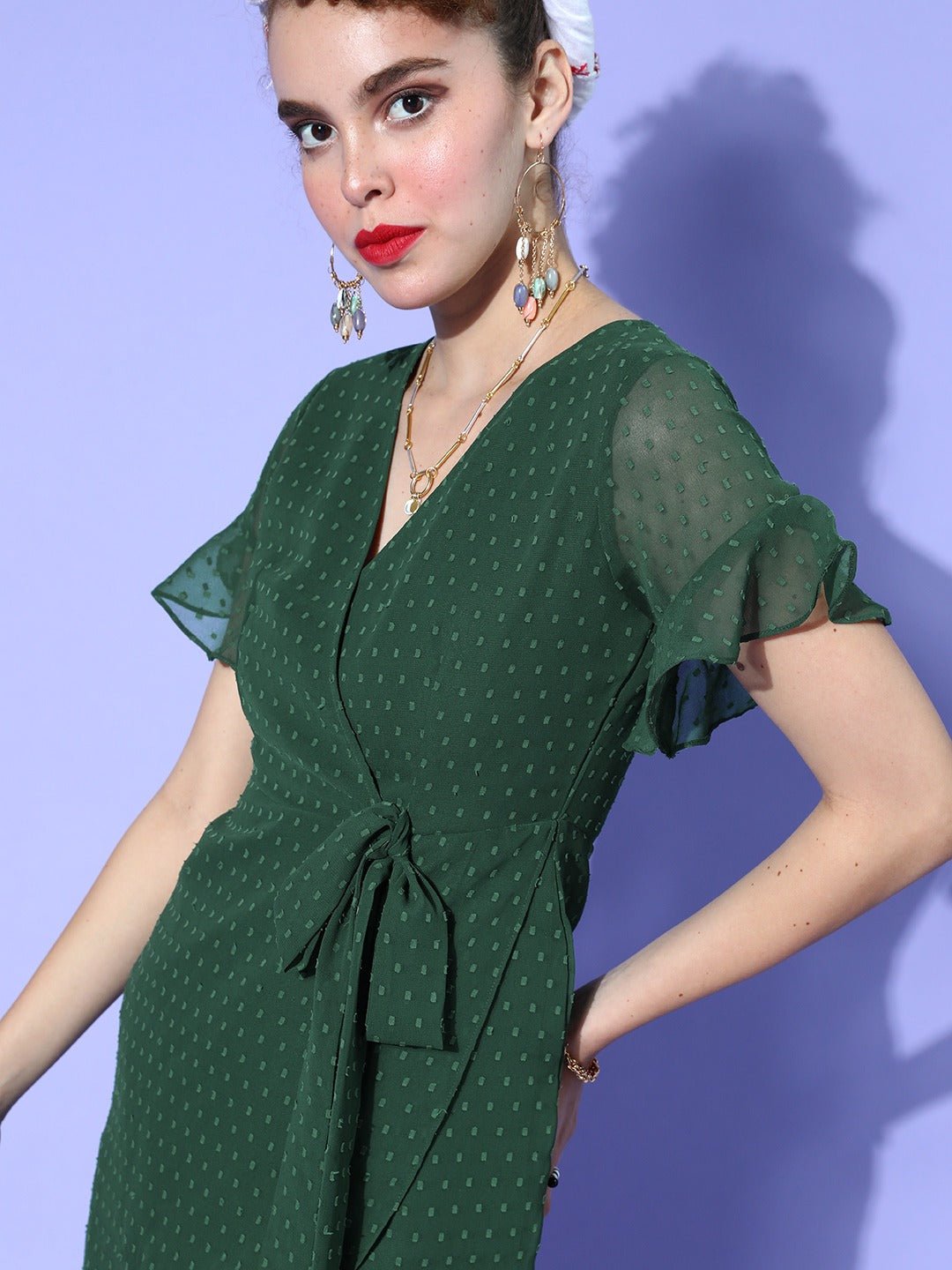 Folk Republic Women Solid Green Dobby Weave V-Neck Waist Tie-Up Tulip Hem Sheer Mini Dress - #folk republic#