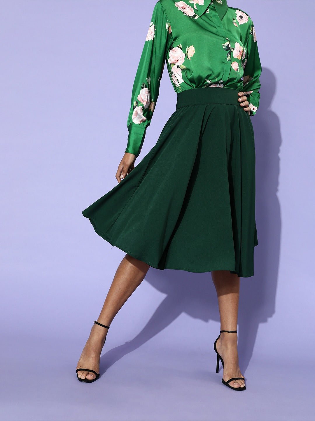 Folk Republic Women Solid Green Flared A-Line Midi Skirt - #folk republic#