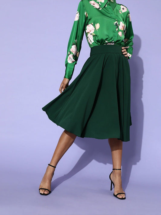 Folk Republic Women Solid Green Flared A-Line Midi Skirt - #folk republic#