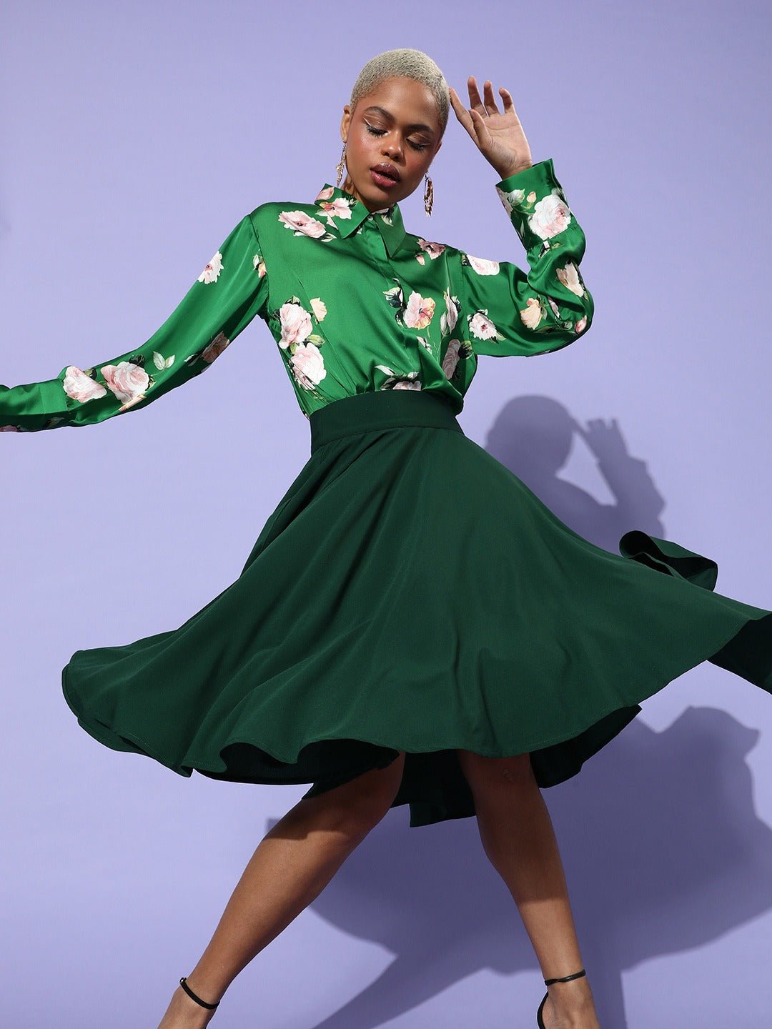 Folk Republic Women Solid Green Flared A-Line Midi Skirt - #folk republic#