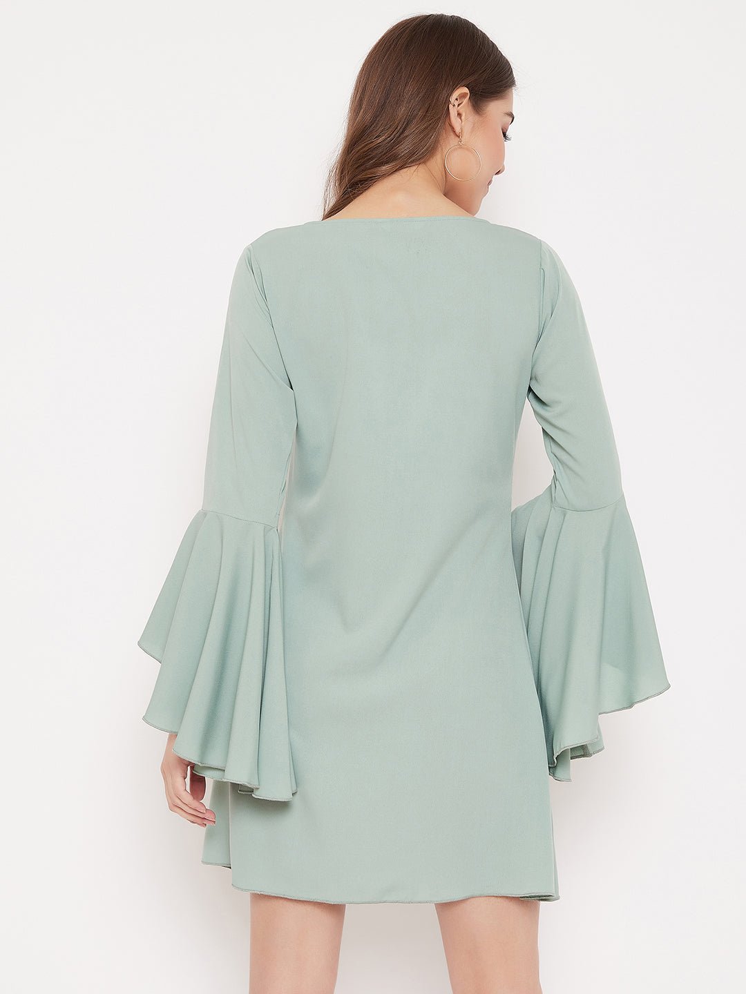Folk Republic Women Solid Green Flutter Sleeves A-Line Mini Dress - #folk republic#