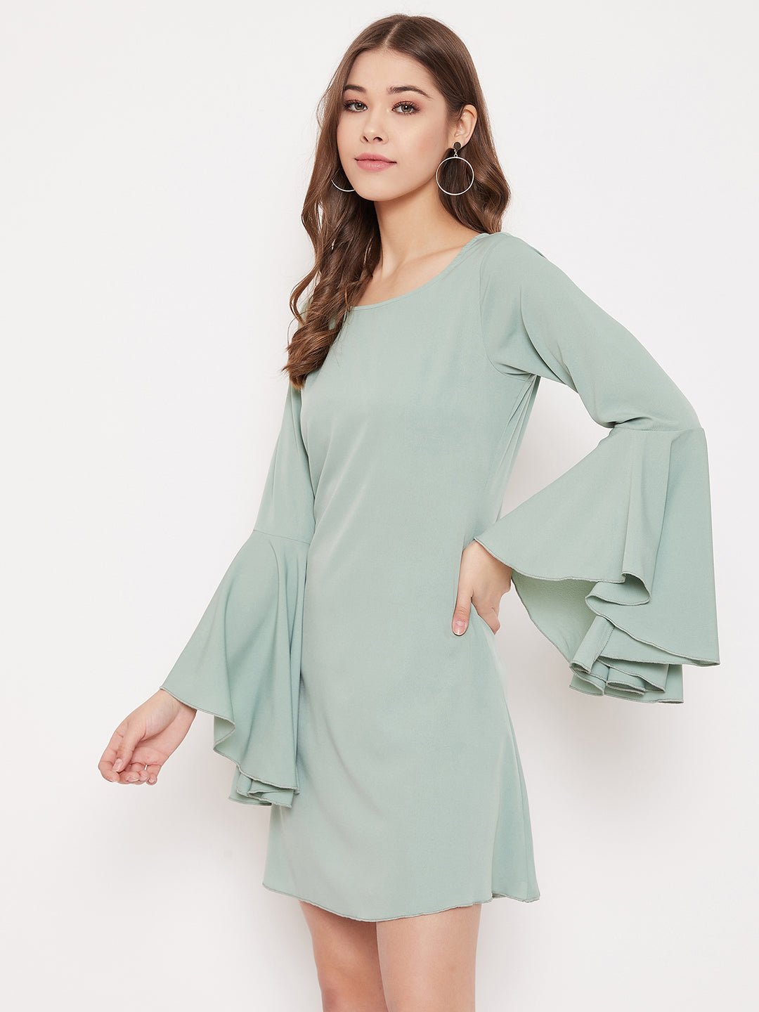 Folk Republic Women Solid Green Flutter Sleeves A-Line Mini Dress - #folk republic#