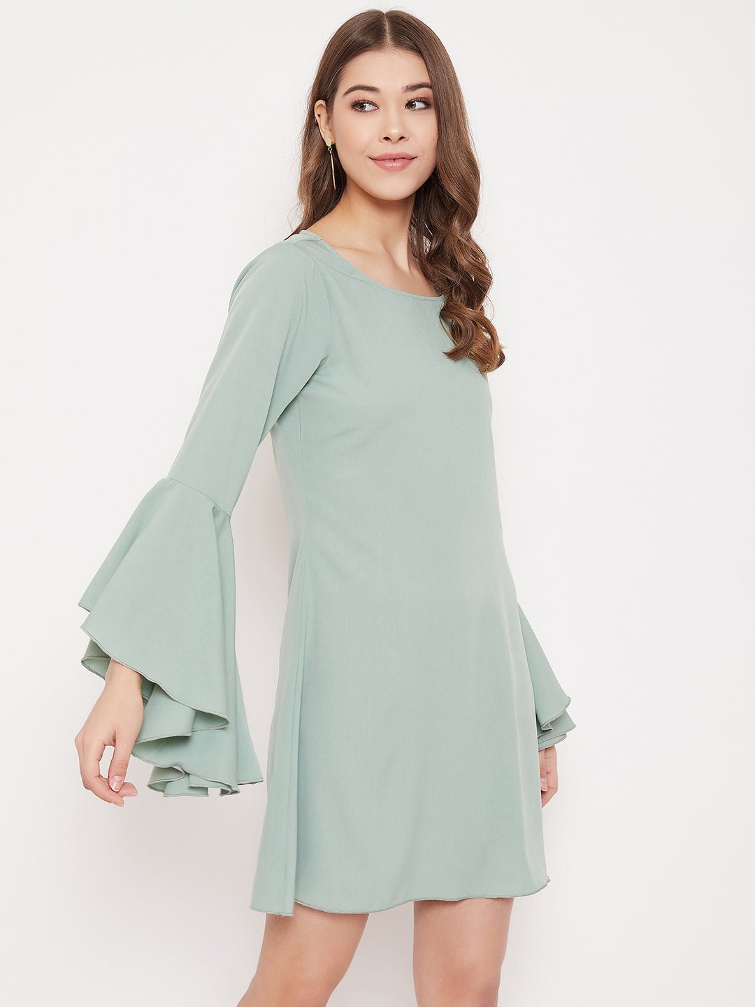 Folk Republic Women Solid Green Flutter Sleeves A-Line Mini Dress - #folk republic#
