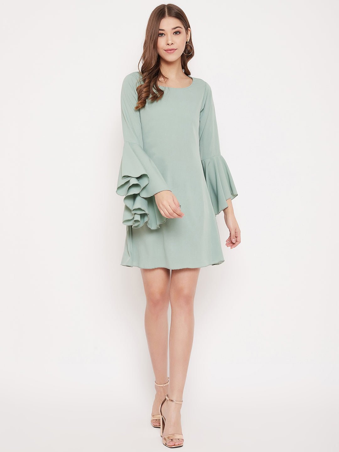 Folk Republic Women Solid Green Flutter Sleeves A-Line Mini Dress - #folk republic#