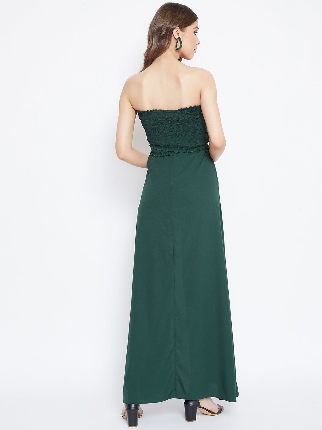 Folk Republic Women Solid Green Front Slit Smocked Maxi Dress - #folk republic#