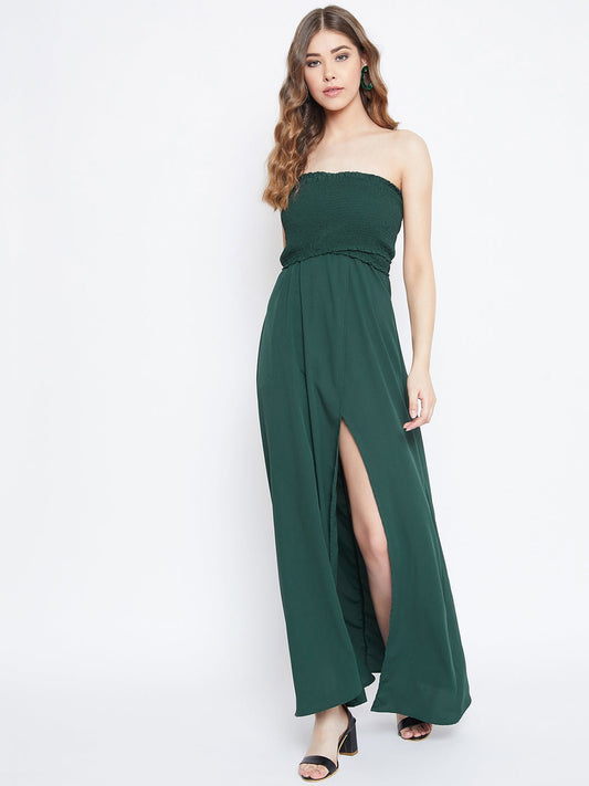 Folk Republic Women Solid Green Front Slit Smocked Maxi Dress - #folk republic#