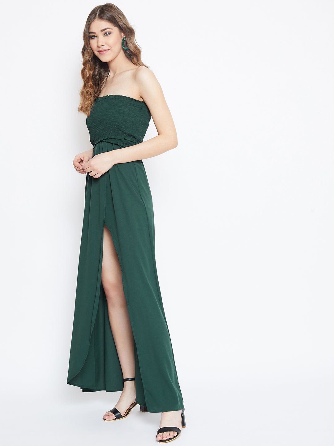 Folk Republic Women Solid Green Front Slit Smocked Maxi Dress - #folk republic#