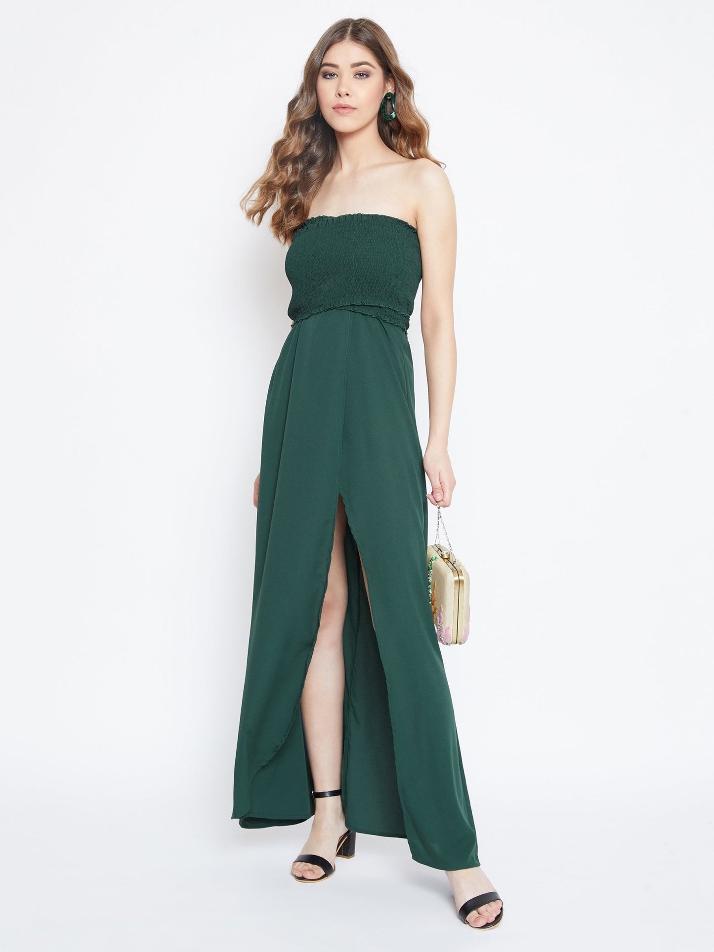 Folk Republic Women Solid Green Front Slit Smocked Maxi Dress - #folk republic#