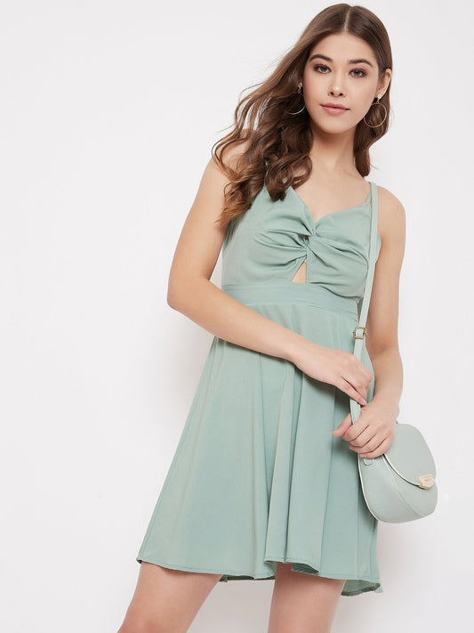 Folk Republic Women Solid Green Front Twisted Fit & Flare Mini Dress - #folk republic#