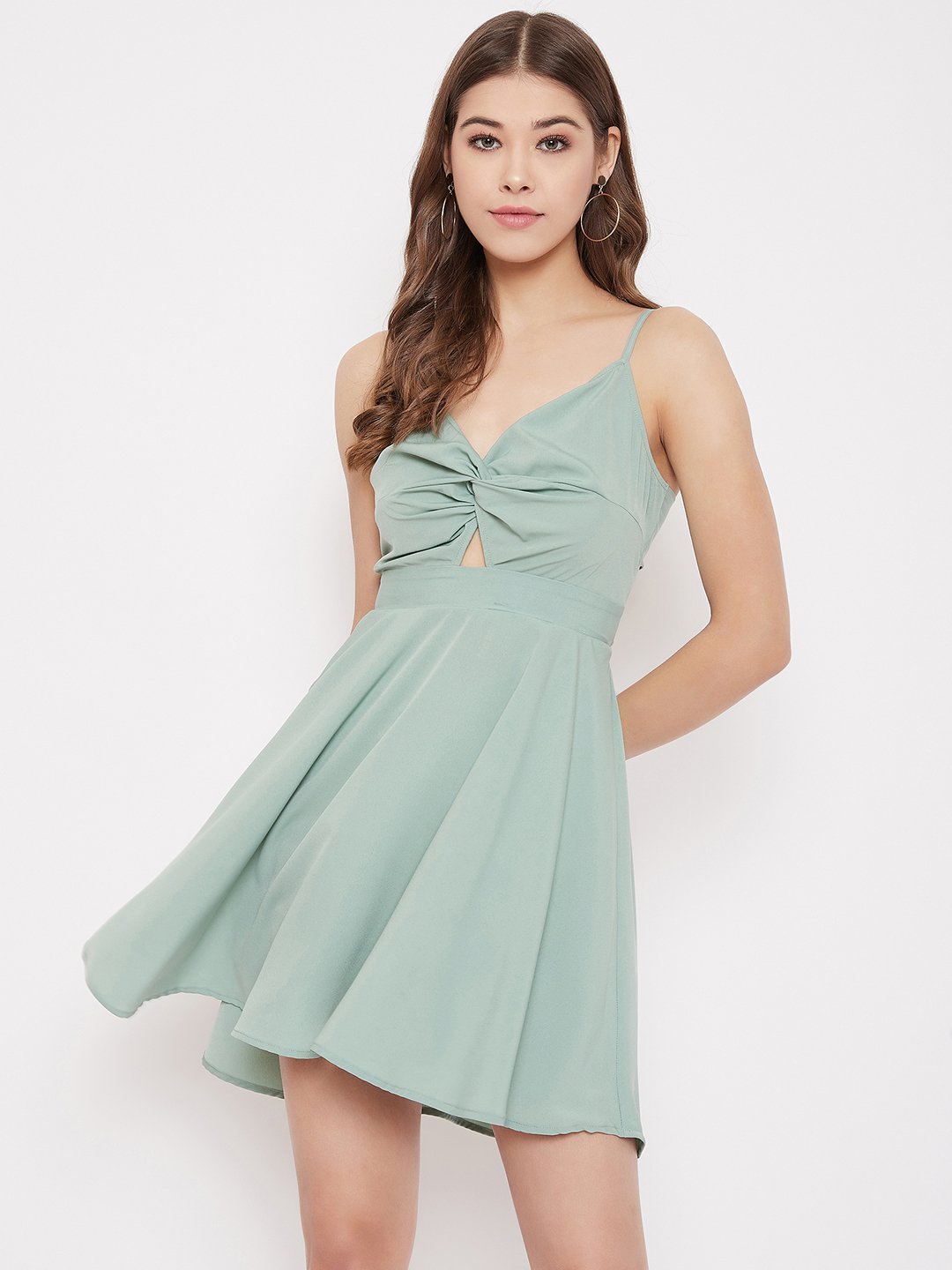Folk Republic Women Solid Green Front Twisted Fit & Flare Mini Dress - #folk republic#