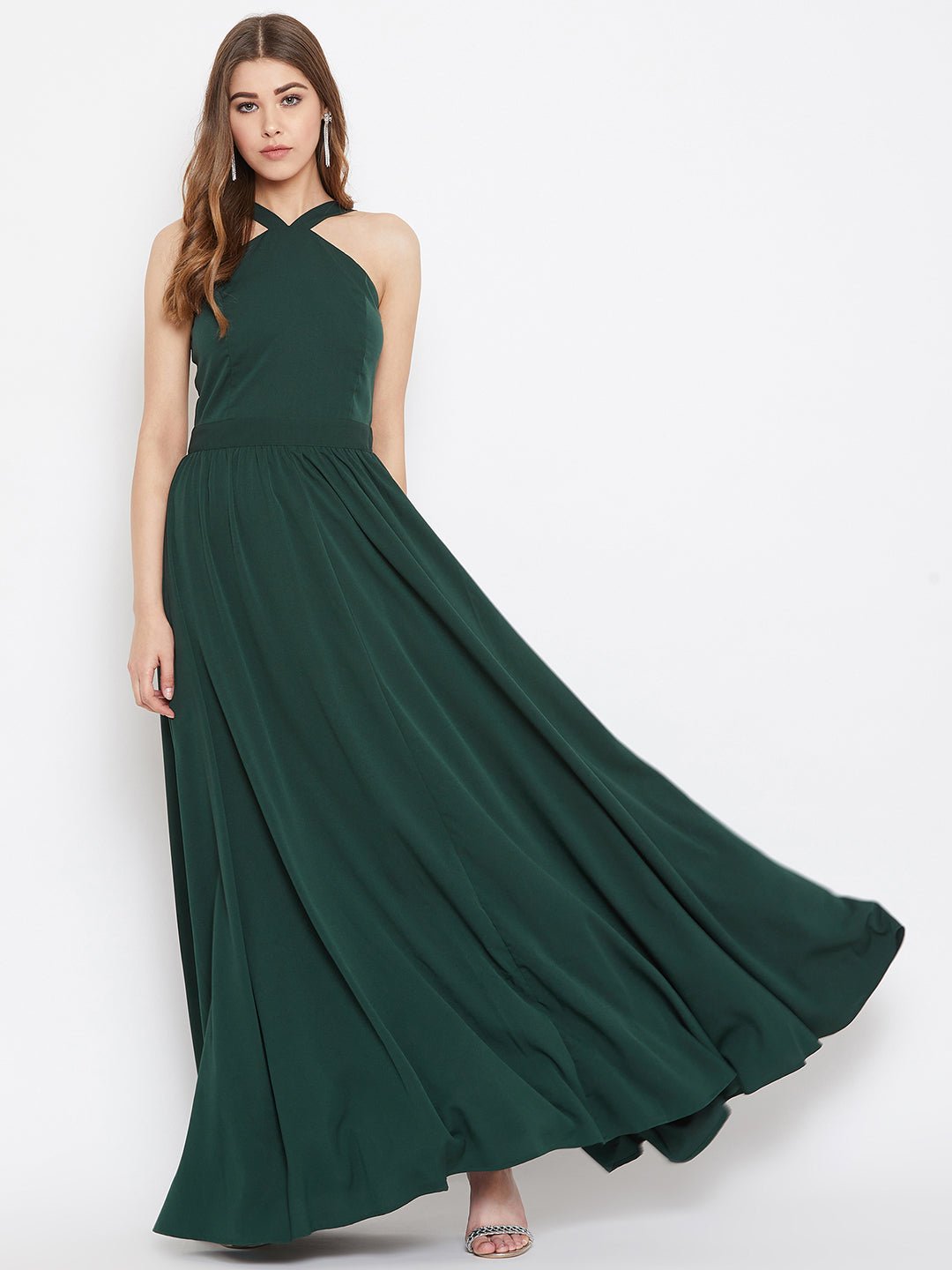 Folk Republic Women Solid Green Halter Neck Flared Maxi Dress - #folk republic#