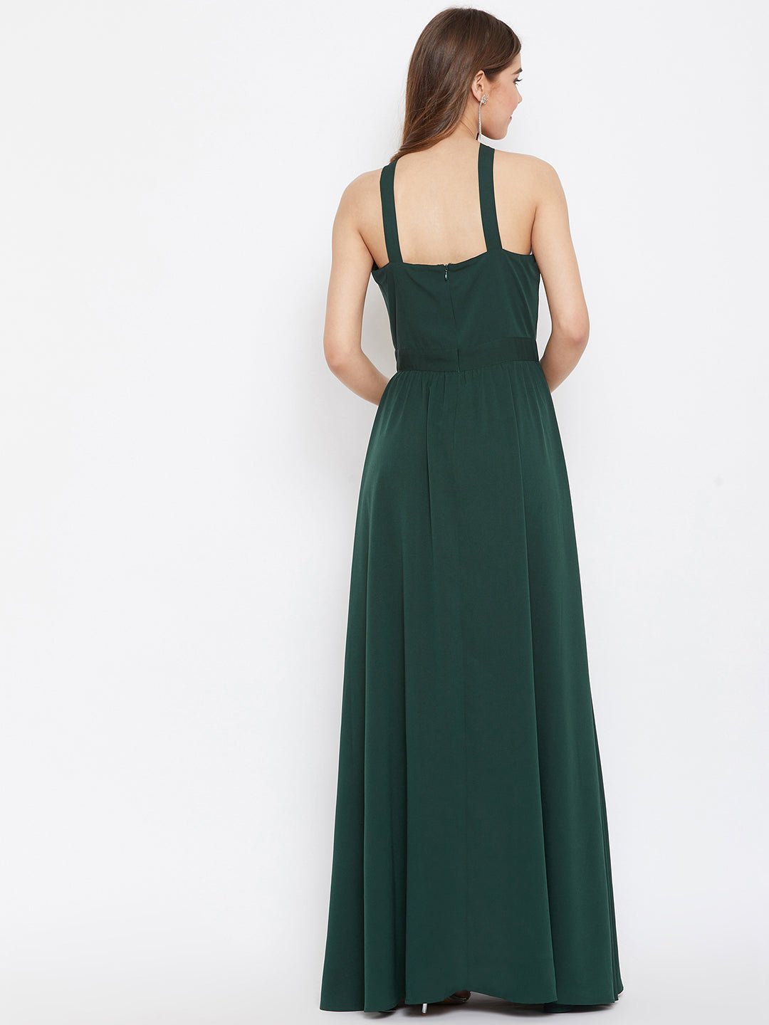 Folk Republic Women Solid Green Halter Neck Flared Maxi Dress - #folk republic#