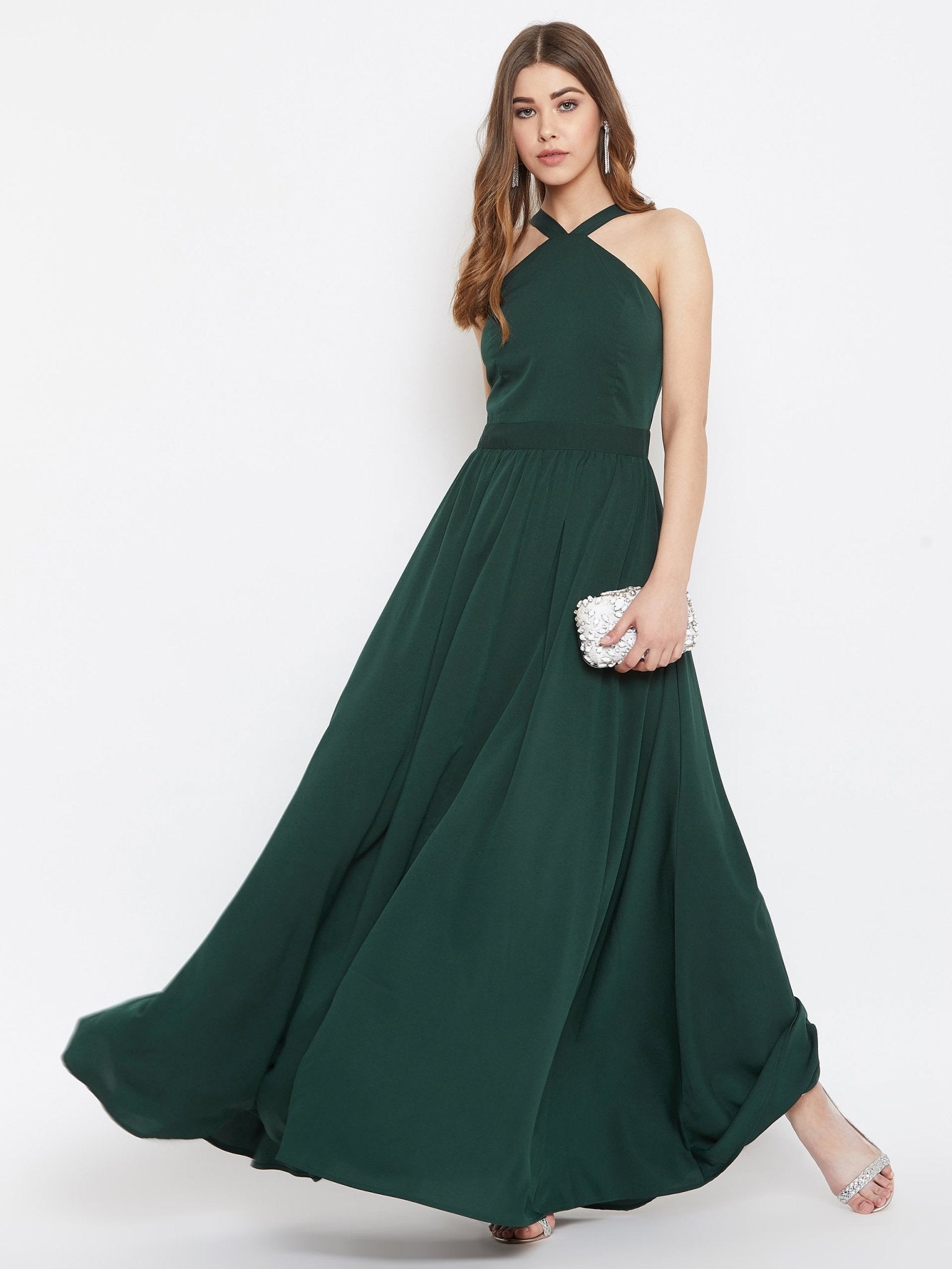 Folk Republic Women Solid Green Halter Neck Flared Maxi Dress - #folk republic#