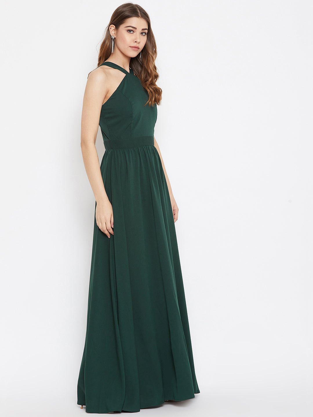 Folk Republic Women Solid Green Halter Neck Flared Maxi Dress - #folk republic#