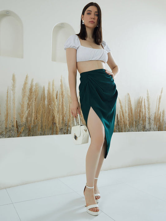 Folk Republic Women Solid Green High-Rise Waist Slip-On Tulip Hem Pleated Pencil Midi Skirt - #folk republic#