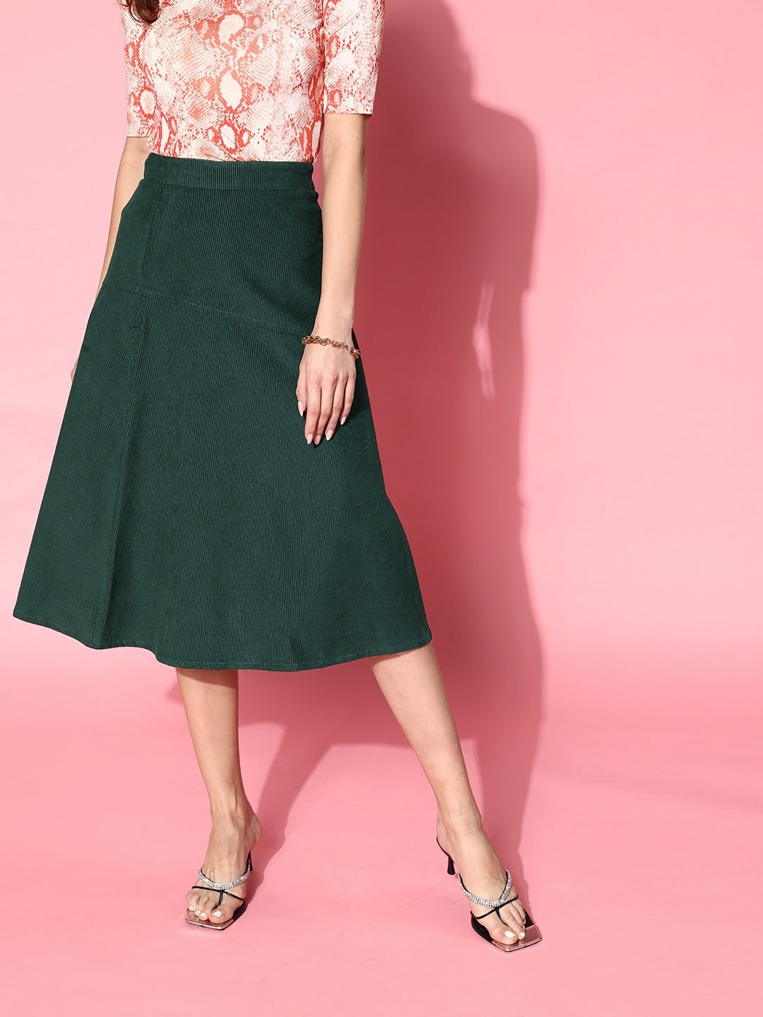 Folk Republic Women Solid Green High-Rise Waist Zipper-Up Cotton Flared A-Line Midi Skirt - #folk republic#