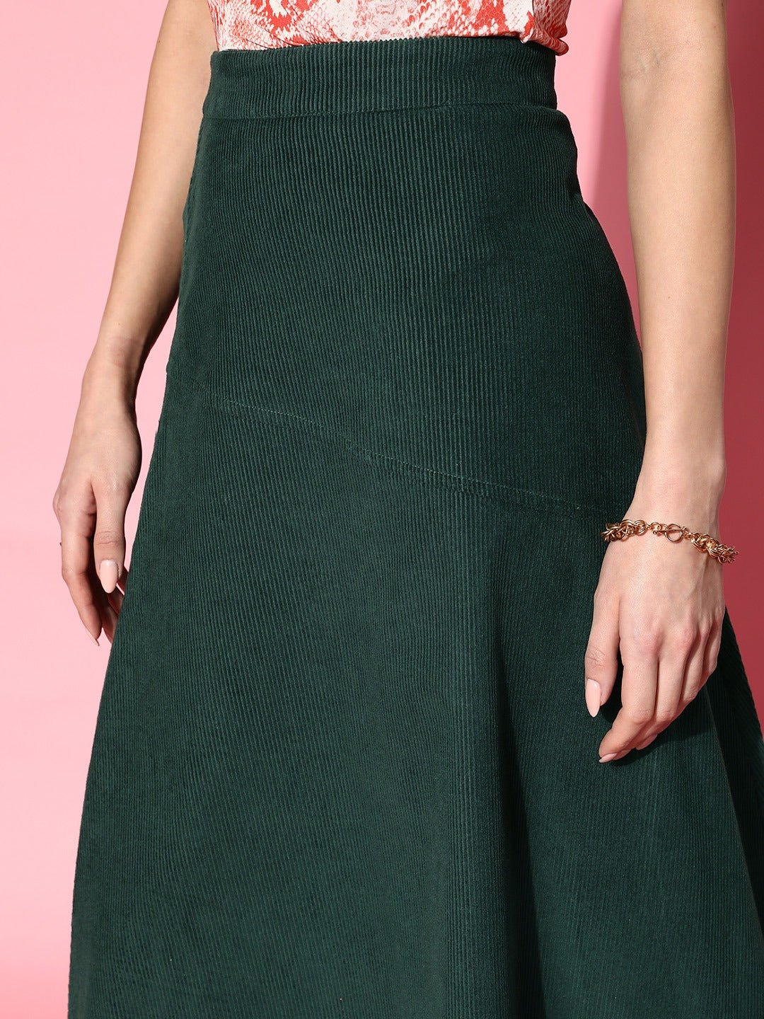 Folk Republic Women Solid Green High-Rise Waist Zipper-Up Cotton Flared A-Line Midi Skirt - #folk republic#
