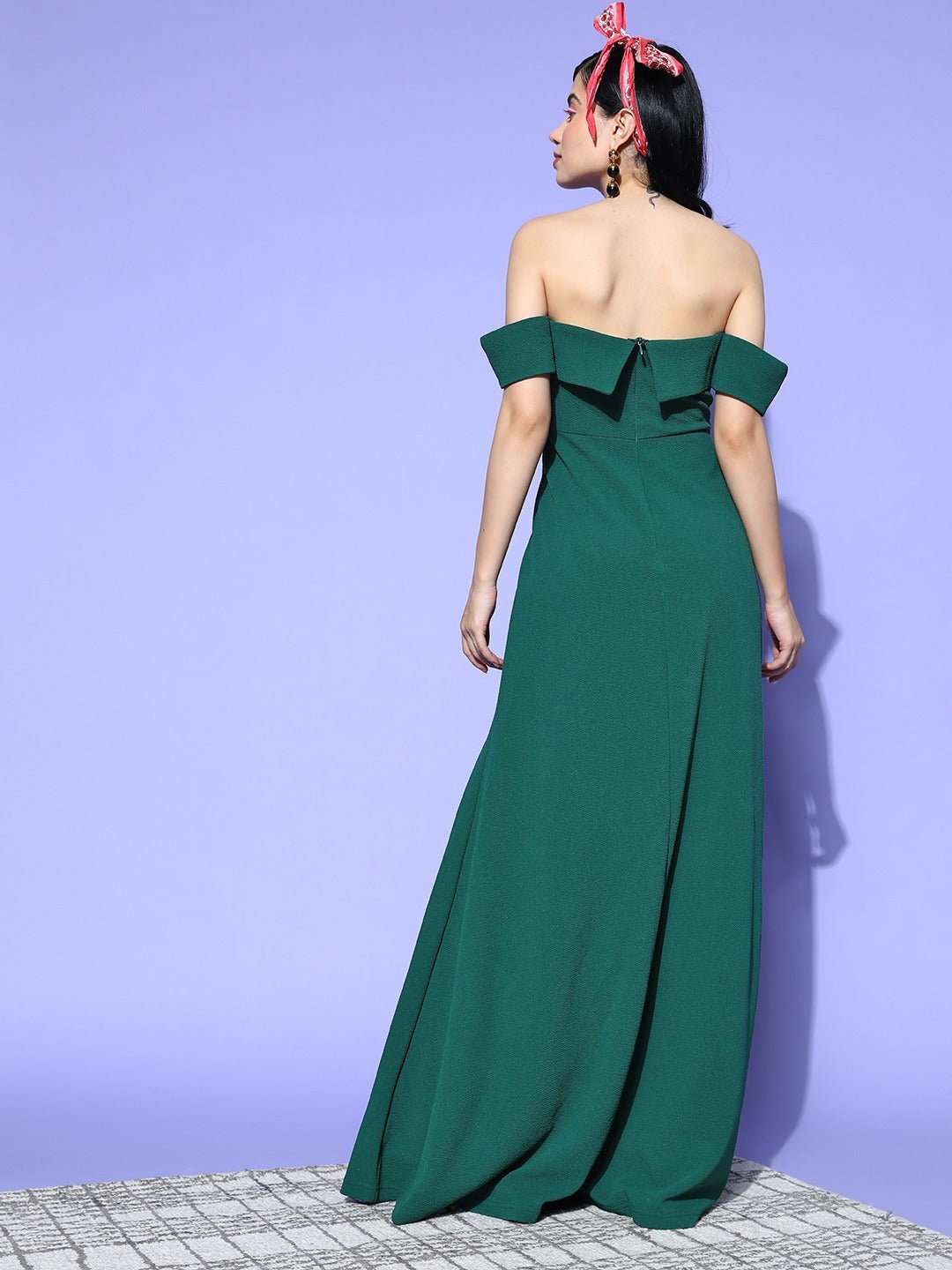Folk Republic Women Solid Green Off-Shoulder Neck Crepe Thigh-High Slit Flared A-Line Maxi Dress - #folk republic#