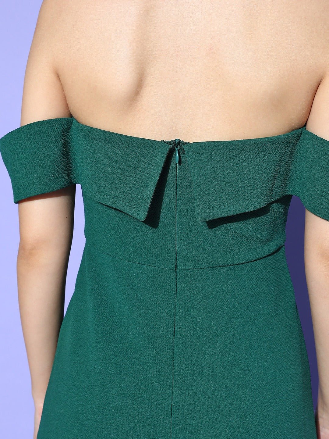 Folk Republic Women Solid Green Off-Shoulder Neck Crepe Thigh-High Slit Flared A-Line Maxi Dress - #folk republic#