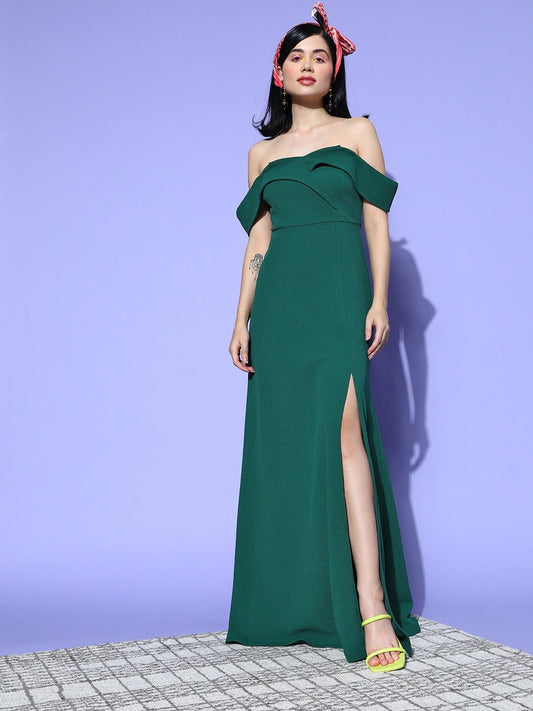 Folk Republic Women Solid Green Off-Shoulder Neck Crepe Thigh-High Slit Flared A-Line Maxi Dress - #folk republic#