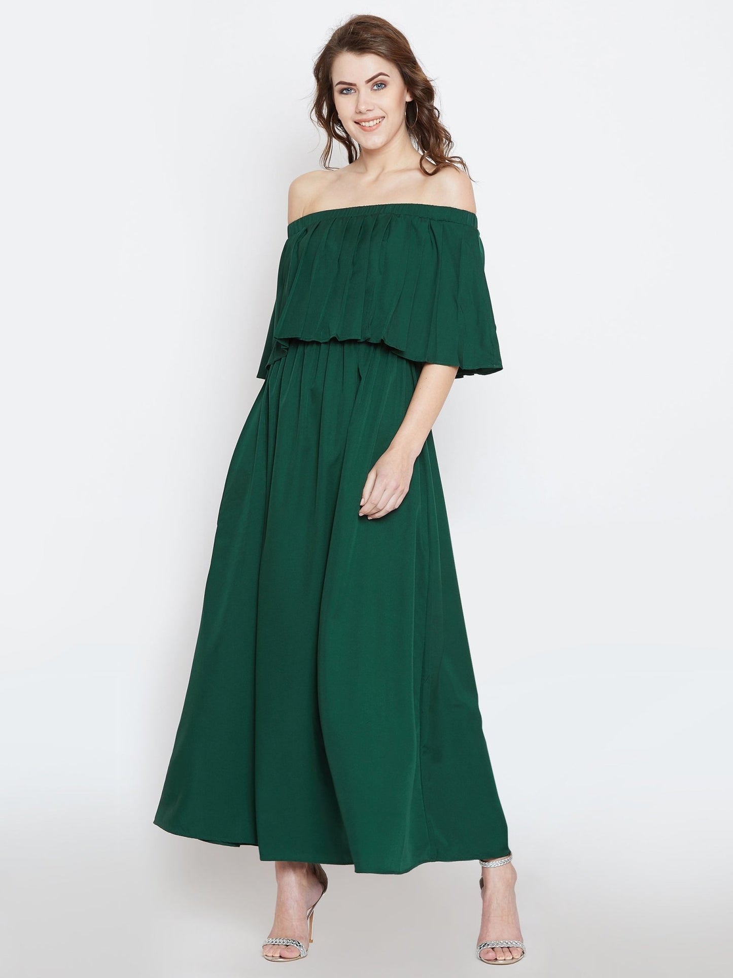 Folk Republic Women Solid Green Off-Shoulder Neck Flared Sleeve Pleated Maxi Dress - #folk republic#