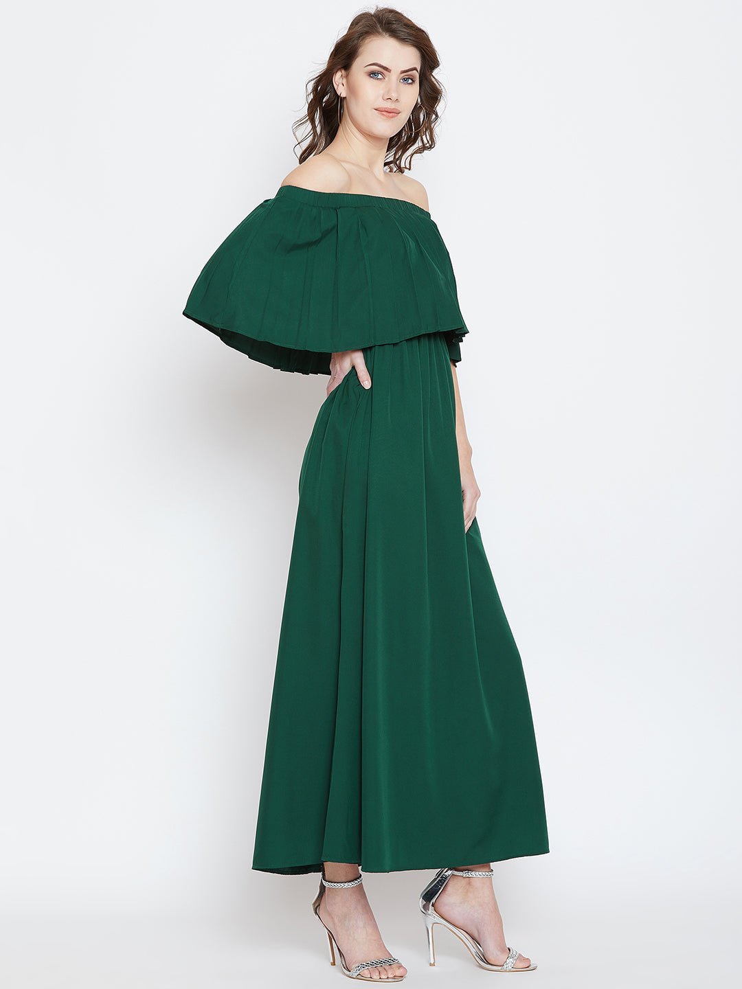 Folk Republic Women Solid Green Off-Shoulder Neck Flared Sleeve Pleated Maxi Dress - #folk republic#