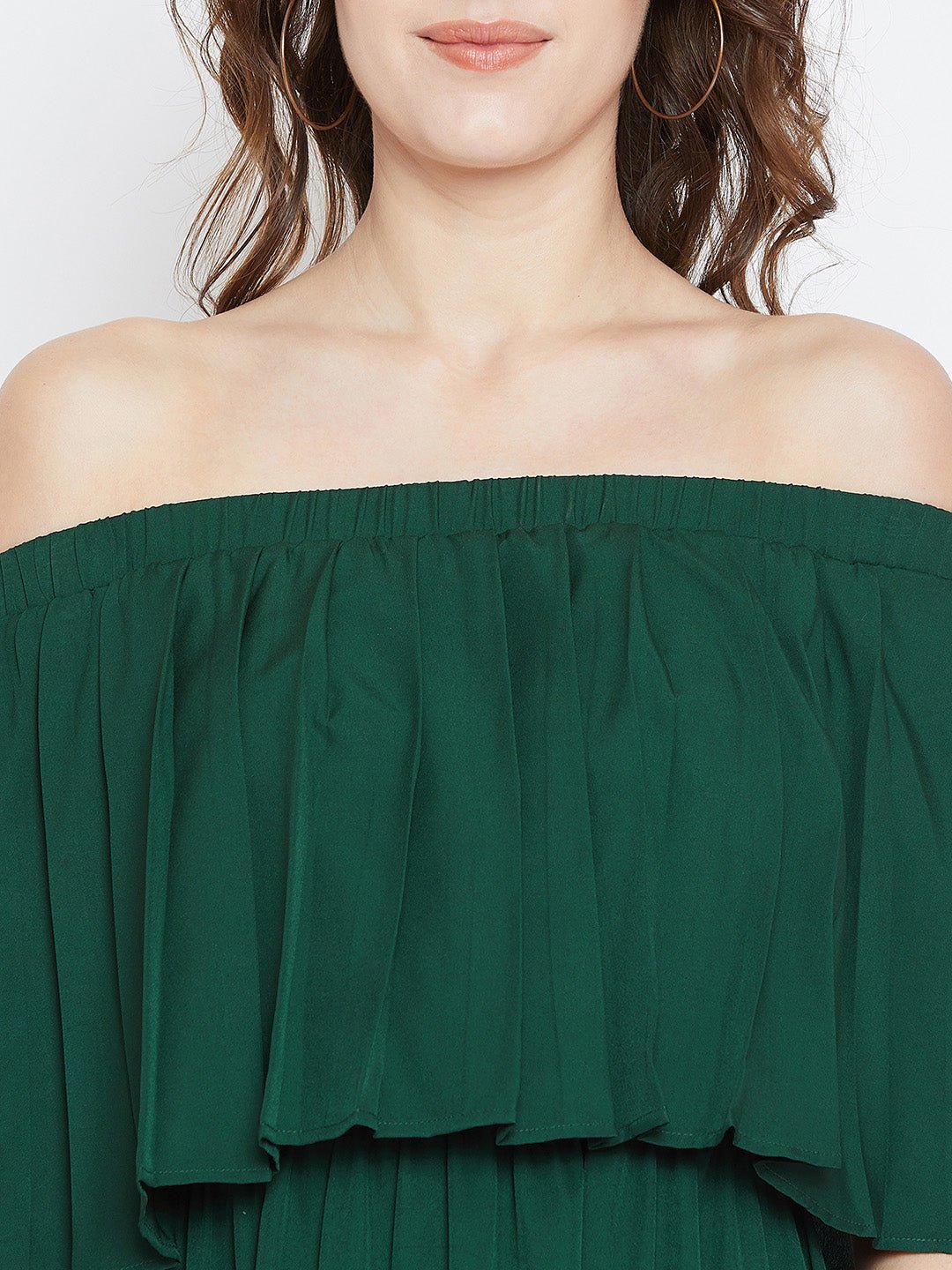 Folk Republic Women Solid Green Off-Shoulder Neck Flared Sleeve Pleated Maxi Dress - #folk republic#