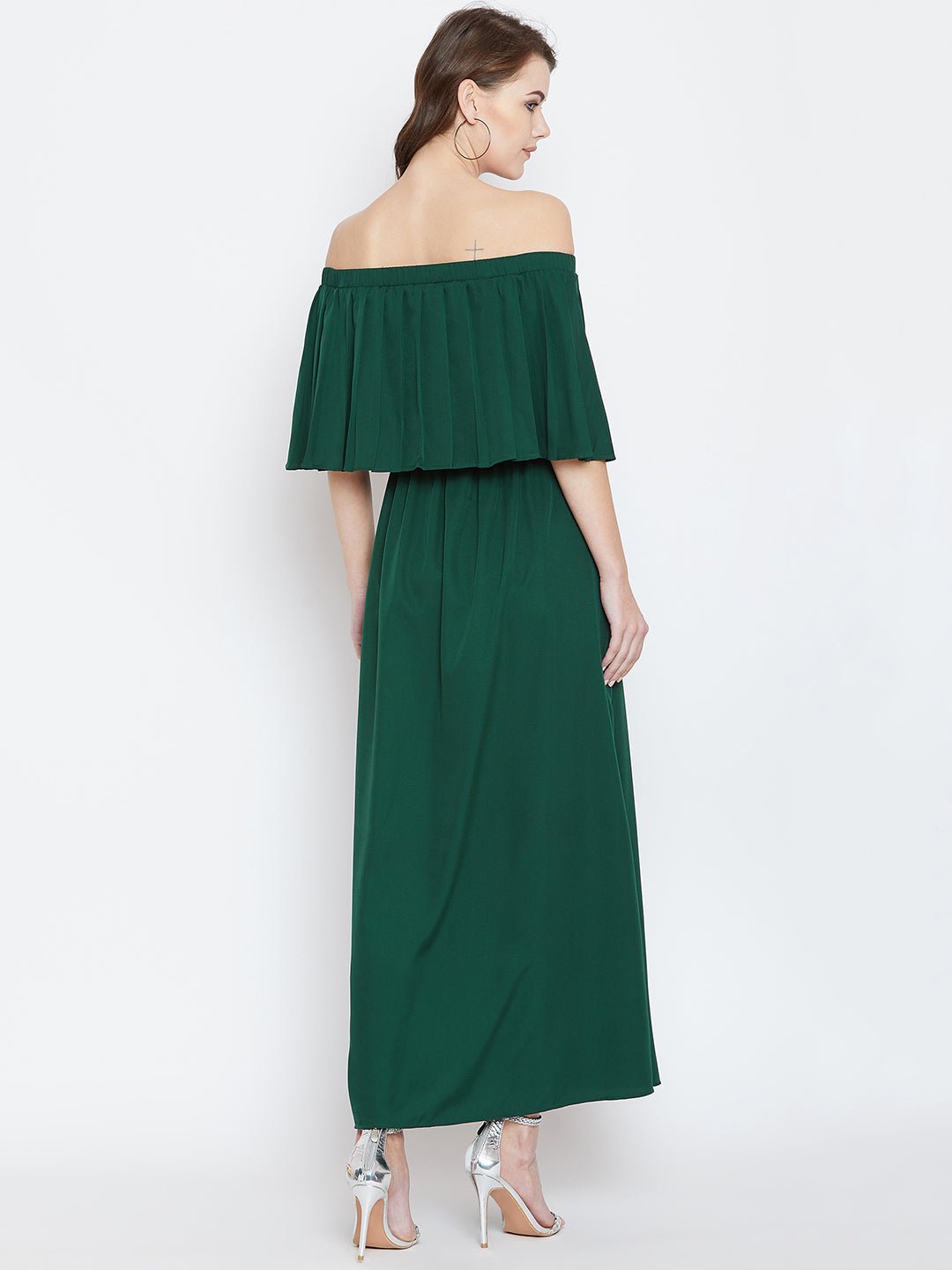 Folk Republic Women Solid Green Off-Shoulder Neck Flared Sleeve Pleated Maxi Dress - #folk republic#