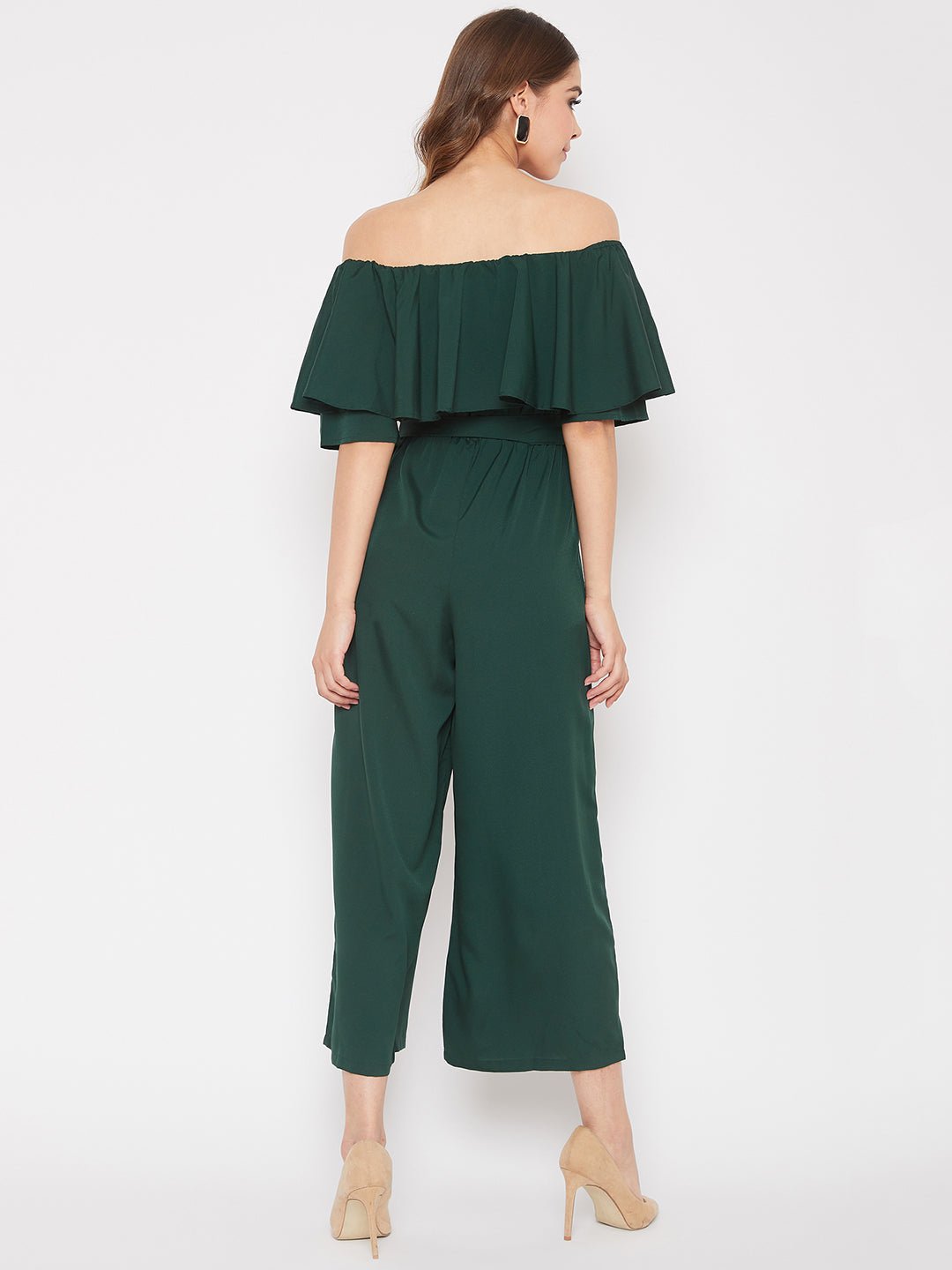 Folk Republic Women Solid Green Off-Shoulder Waist Tie-Up Ruffled Jumpsuit - #folk republic#