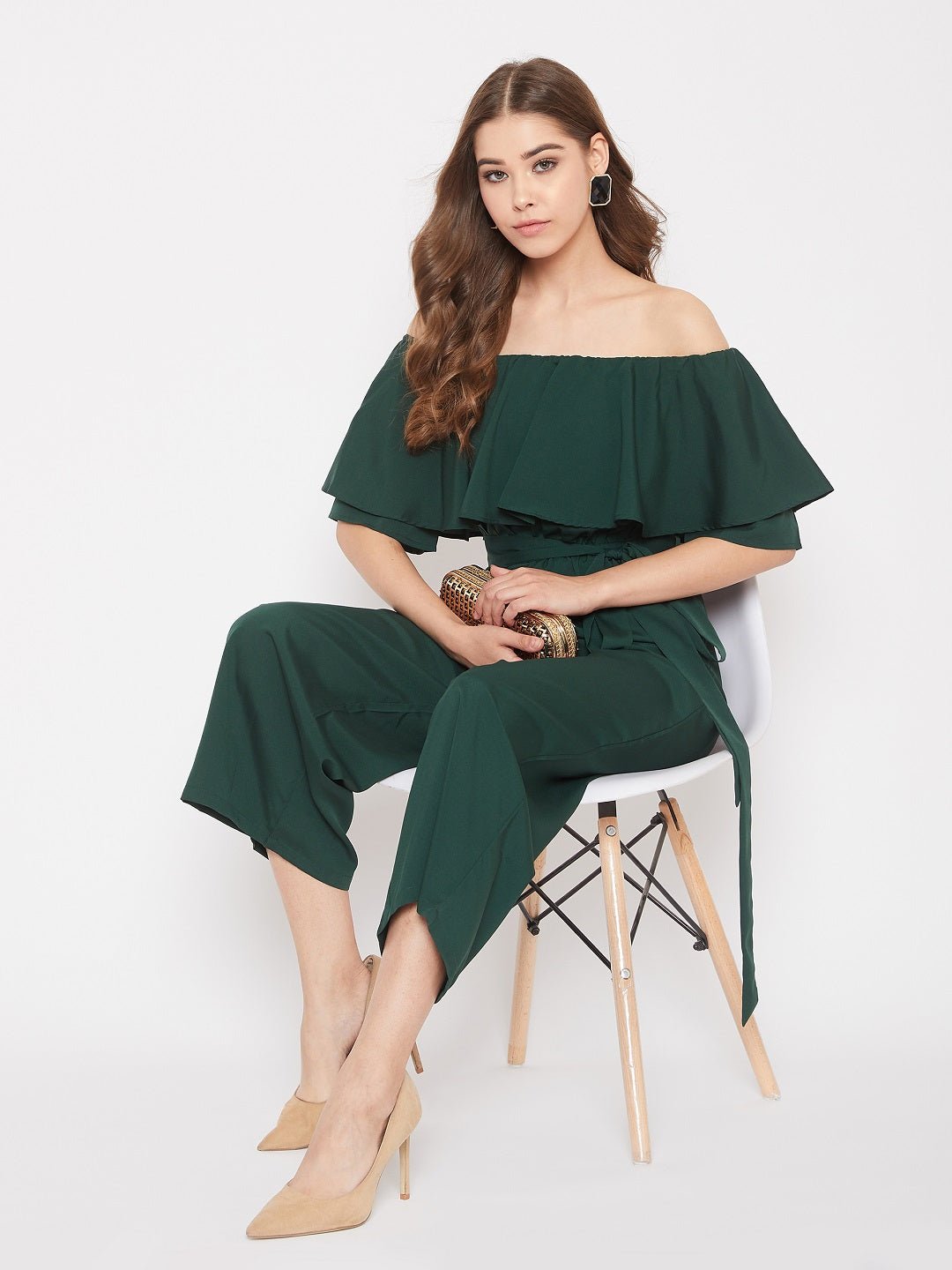 Folk Republic Women Solid Green Off-Shoulder Waist Tie-Up Ruffled Jumpsuit - #folk republic#