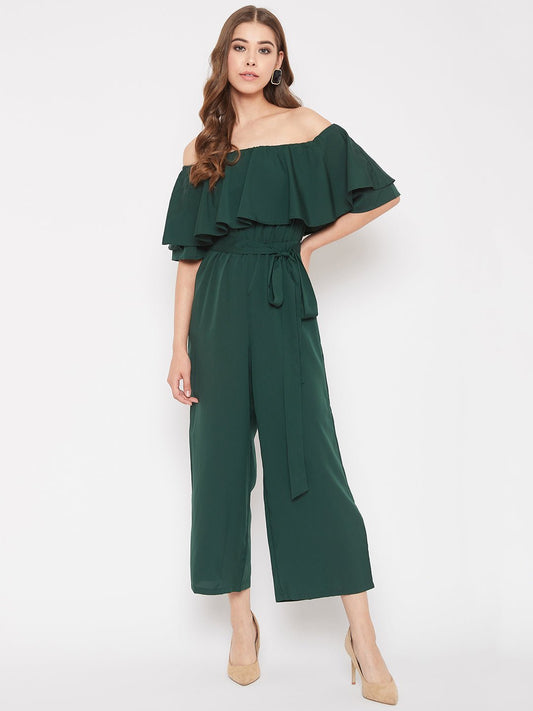 Folk Republic Women Solid Green Off-Shoulder Waist Tie-Up Ruffled Jumpsuit - #folk republic#