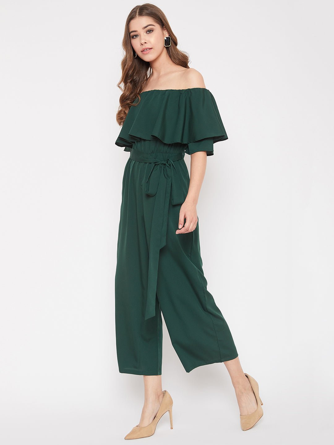 Folk Republic Women Solid Green Off-Shoulder Waist Tie-Up Ruffled Jumpsuit - #folk republic#