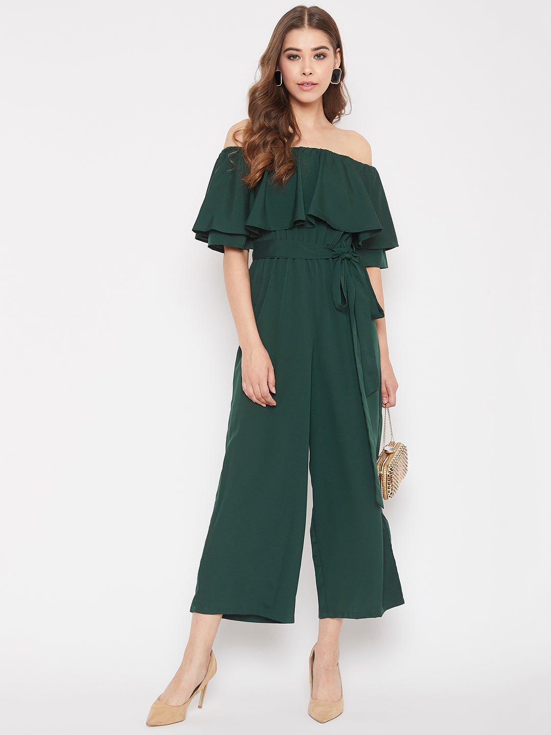 Folk Republic Women Solid Green Off-Shoulder Waist Tie-Up Ruffled Jumpsuit - #folk republic#